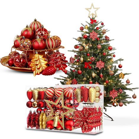 Set Addobbi Natalizi 106 Pezzi Rosso E Oro – Con Stelle E Fiori Glitter