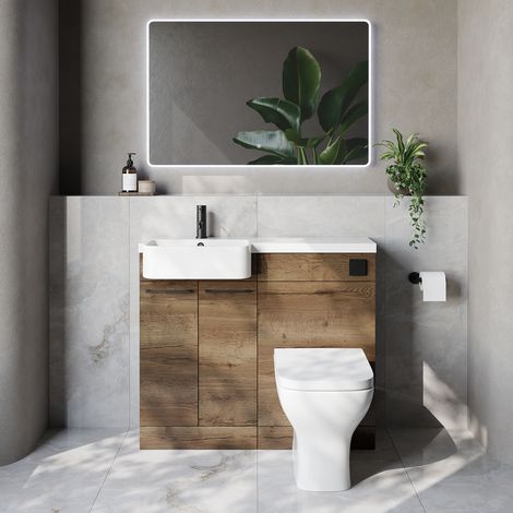 Napoli 250 Tobacco Oak 1000mm 2 Door Vanity Unit Toilet Suite with Left Hand Round Rico Semi Recessed Basin - 1000mm - Matt Black 160mm HandleWith Kingston Toilet Pan and Seat