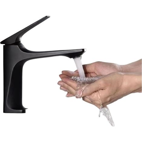 Robinet de cuisine Robinet d'évier de salle de bains moderne à noyau en laiton, robinet de lavabo monté sur le pont à poignée, mélangeur d'eau chaude et froide(Water plated black) (1/5)