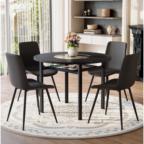 REDOM - Conjunto de mesa redonda y 4 sillones de PU negros y cojines de confort más anchos con vetas de madera negra (1/5)