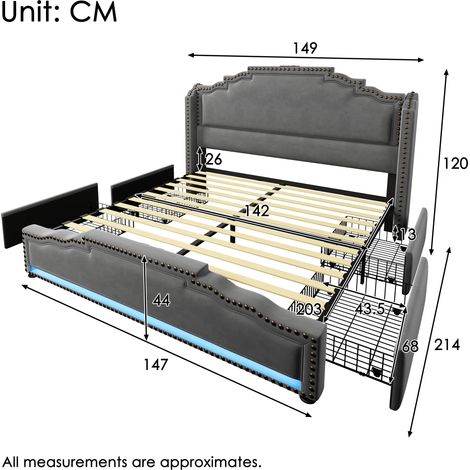 Lit rembourré 140×200, lit double avec 4 tiroirs, éclairage LED et port de charge USB-C, lit rangeable et lit jeunesse à base à lattes, velours, gris, sans matelas (1/5)