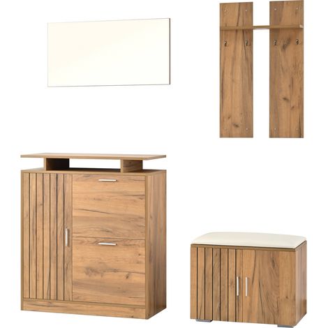 Ensemble garde-robe d'entrée avec banc à chaussures, armoire à chaussures, miroir, 4 crochets, 5 portes, bois naturel, 140 x 35 x 133 cm (1/5)