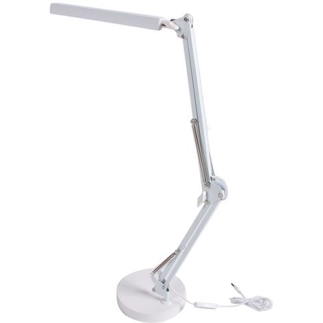 Lampe de bureau à bras articulé, pliable, avec port USB et LED multi-articulations, base ronde blanche. (1/5)
