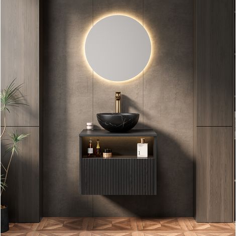 Waschplatz Keramik Schwarz mit Massivholz-Schubladenfront, LED-Sensorleuchte und Soft-Close, vormontiert (1/5)