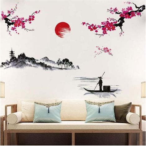 2 Feuilles Style Japonais Splash Ink Paysage Peinture Sticker Mural Fleur De Cerisier Rouge Stickers Muraux Amovible Peel and Stick (1/5)