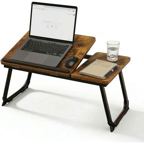 Table pour ordinateur portable réglable - Plateau pliable et inclinable effet bois