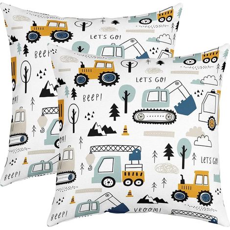Construction Taie d'oreiller 40x40cm Pour Canapé Lit Lot De 2 Cartoon Équipement camion Taie Oreiller Housse de Coussin Voitures Excavator Tracteurs Vehicles Blanc Housse Coussin Inserts Non Inclus (1/5)