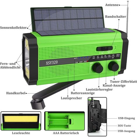 Radio à manivelle solaire, lampe torche LED pour une utilisation en extérieur, AM/FM, batterie 5000 mAh, grise. (1/4)