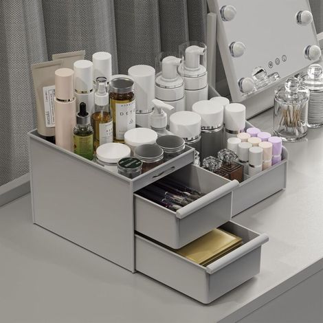 Boîte de rangement de bureau multifonctionnelle avec plusieurs compartiments et tiroirs coulissants, en plastique, adaptée au rangement de produits cosmétiques, idéale pour la maison, le bureau et l'é (1/5)