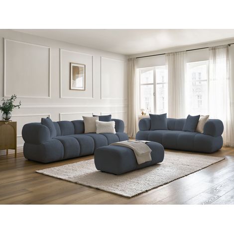 BOBOCHIC - Ensemble canapé droit fixe 3 + 2 places PAMIRA tissu bouclette avec pouf Bleu foncé (1/5)