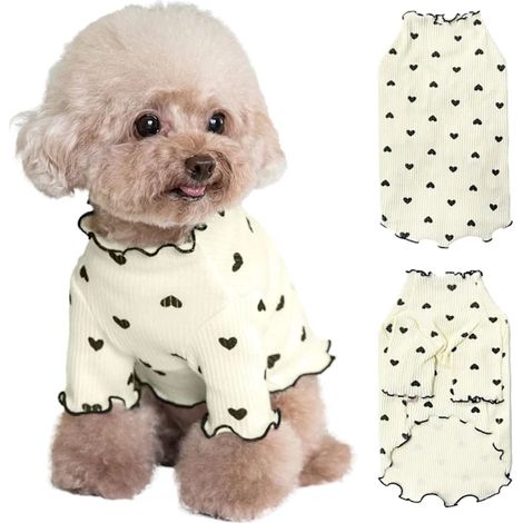 Chemise à manches longues à volants et imprimé cœur pour animaux de compagnie : tenue extensible pour petits chiens et chats, beige (Vêtements printemps-automne) (1/5)