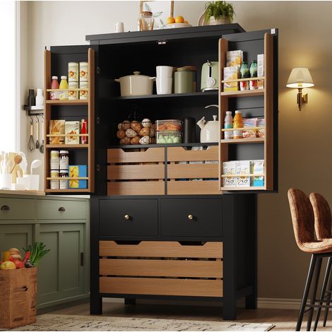 Küchenbuffet 80 x 40 x 140 cm mit 2 Türen und 5 Schubladen schwarz HAVRYA