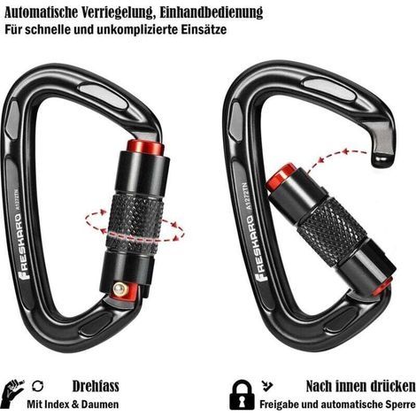 Kletterkarabiner, automatisch verriegelnder Karabiner, 25 kN-2550 kg, CE-zertifiziert, solide, für Bergsteigen, Hundeleine, Boxsack, Feuerwehrmann, Hängematte, Schlüsselanhänger, groß 10 cm, schwarz u (1/3)