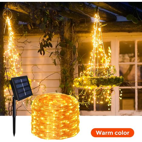 (Lumière chaude, 22 m, 200 LED) Guirlande lumineuse solaire extérieure à deux brins, fil de cuivre, étanche, allumage automatique. (1/4)