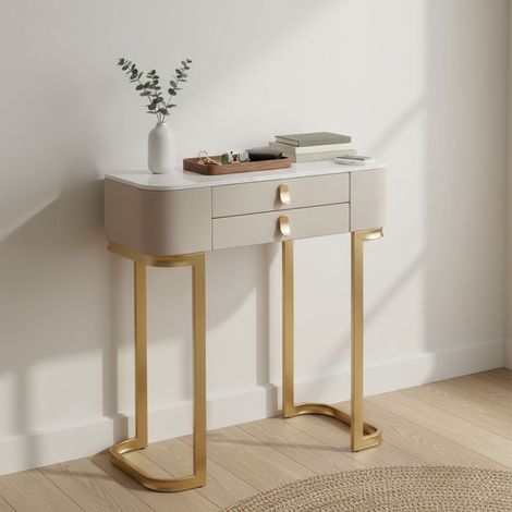 Dmora - Konsolentisch Bolzano, Tisch, Eingangskonsole, Regal, Creme und Gold, 70x40 h80 cm (1/5)