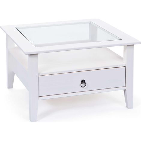 Table basse - Table en bois massif - Table de salon - Table basse - Pin Massif - avec plateau verre - 1 tiroir teinté blanc - 115 x 60 x 45 cm - Provence 1 (1/5)