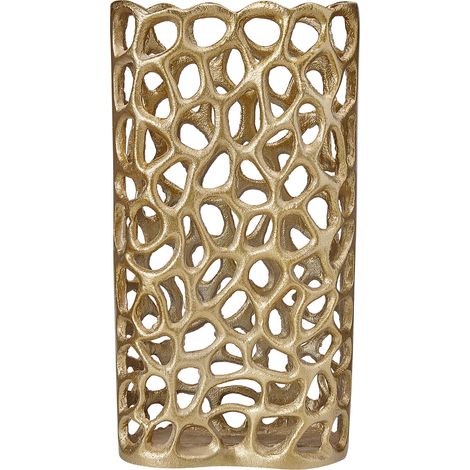 Jarrón de metal dorado forma estrecha calado florero accesorio decorativo Sanchi