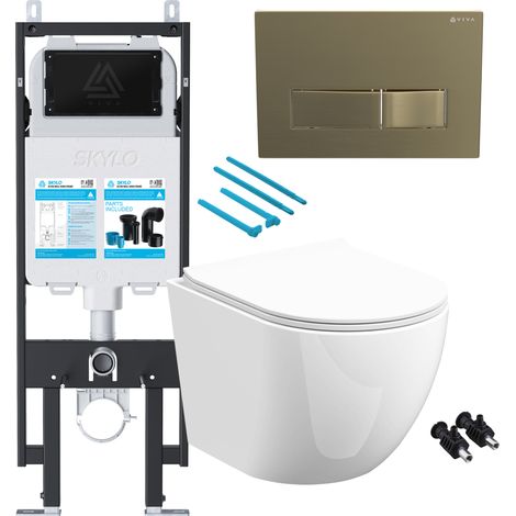 Gloss White Rimless D Shape Wall Hung Toilet with 1.14m Concealed Cistern Frame Set - Brushed Brass Plate (1/4)