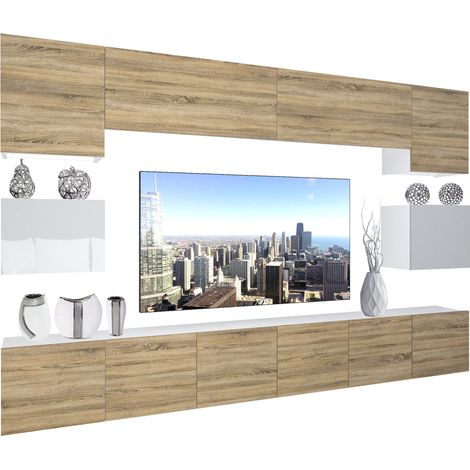 BELINI - Unité Murale TV NEX I Ensemble Muebles de Salon Complet I Ensemble Meuble TV avec Illumination LED I Dimensions: 300 x 180 x 36 cm I Coleur: chêne Sonoma/Blanc très Brillant