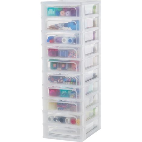 Tour de Rangement Plastique, 10 Petits Tiroirs, Blanc Givré, Ouverture Facile, Format A4, A5 (1/4)