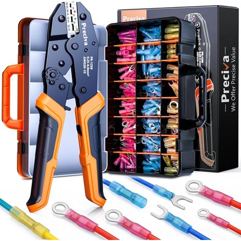 Kit de Pince à Sertir pour Gaine Thermorétractables avec 220 Cosses - 0,25-6 mm² Outils de Sertissage à Cliquet pour Câbles Isolés avec Mâchoires Quadricolores pour Electroniques (1/5)