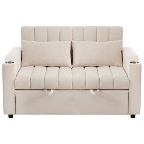 Sofá cama, respaldo regulable, sofá de 2 plazas con portavasos y bolsillo lateral, 2 cojines, de tela, beige (1/5)