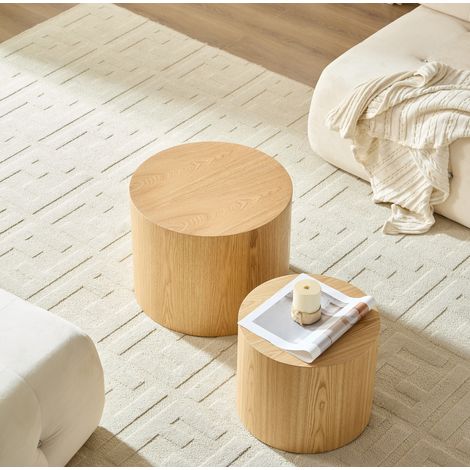 Set di 2 tavolini nido rotondi naturali, MDF, Ø48x38 + Ø38x32 cm, impilabili e senza montaggio (1/4)