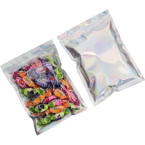 Lot de 100 sachets anti-odeurs - 12,7 x 17,8 cm - Sachets Mylar refermables transparents à fermeture éclair, couleurs holographiques arc-en-ciel (1/2)