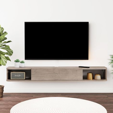 Étagère TV Flottante en Bois, Etagere Murale Meuble Suspendu Bois Etagere Support Mural Meubles Armoire with Doors de avec Rangement (1/5)
