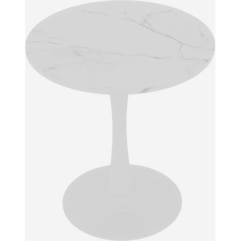27.6-inch white coffee table, mid-century modern style dining table, suitable for 2-4 people, featuring a round marble tabletop with a white veined finish, versatile for various settings, (1/5)