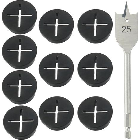 25mm Flexible Plastic Cable Tidy Thread Cover for Home, School, Computer Table - Black Desk Cable Tidy with 1 Drill Bit (10 Pieces) (1/5)