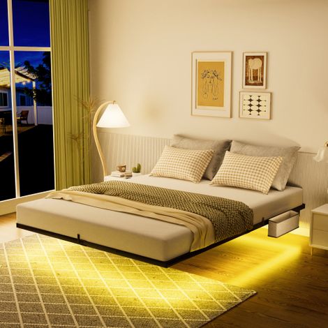 Letto sospeso in metallo 160 x 200 cm con illuminazione a LED, base a doghe in metallo, struttura del letto sospeso stabile e robusta, letto per bambini illuminato, facile da montare, nero