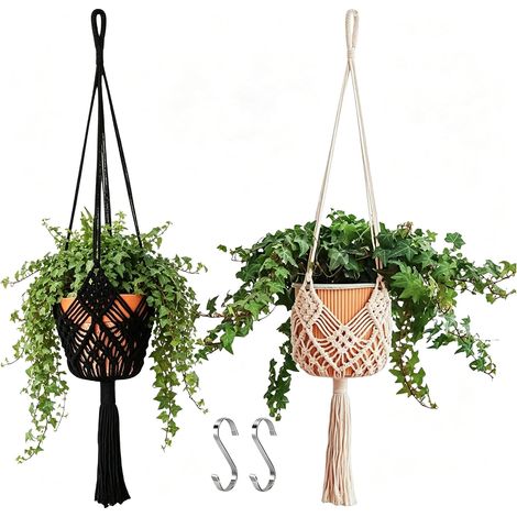 Lot de 2 Cache-Pots Suspendus en Macramé Avec Motif,pour Pots Jusqu'à 20 cm de Diamètre,Coton Avec Anneau Métallique,Jardinière d'Intérieur et d'Extérieur,Support Boho pour Plantes pour Salon,Balcon (1/5)