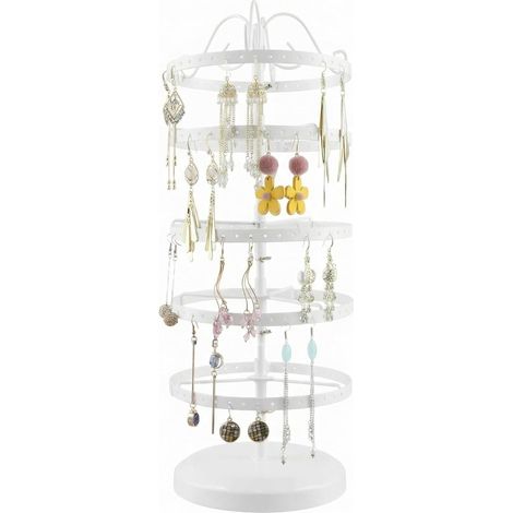 ® 5 Niveaux porte de boucles d'oreilles, Support bijoux rotatif en métal, Distance entre les niveaux réglable, Capacité de 210 trous pour 105 paires,Blanc (1/5)