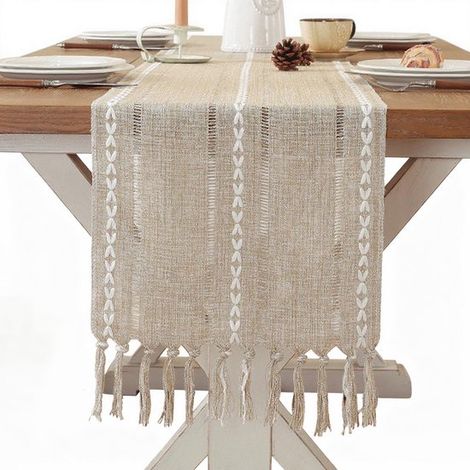 Tischläufer aus Leinen und Baumwolle Weißer Tischläufer im Landhausstil 90 cm lang Geeignet für Esszimmer Feiertage und den täglichen Gebrauch E 33 (1/5)