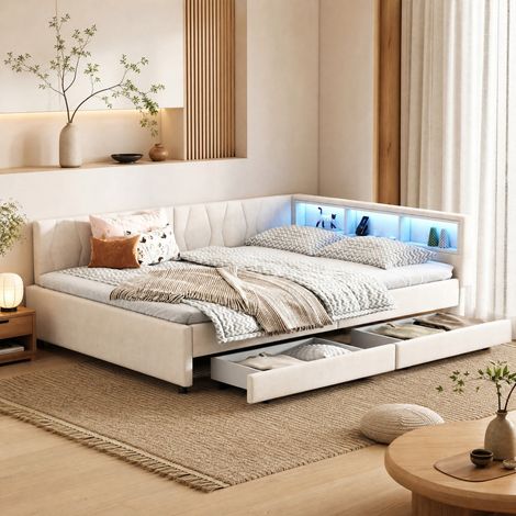 Letto matrimoniale 140x200 cm con 2 cassetti, vani testiera, USB Type C e LED, in lino, beige, senza materasso (1/5)