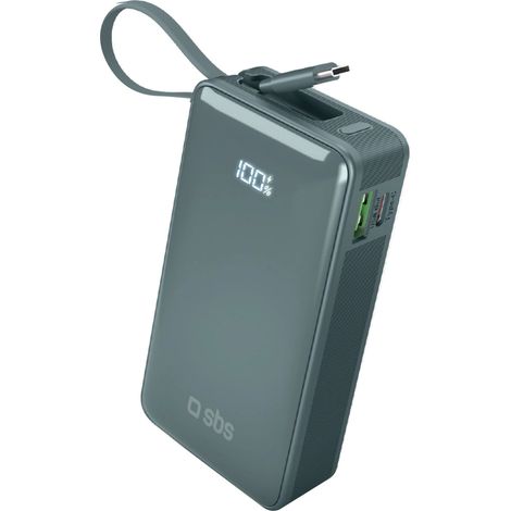 SBS 10000 mAh 20W Powerbank mit integriertem USB-C-Kabel und Digitalanzeige – Grau