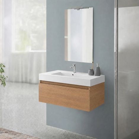 Mobile bagno sospeso 90 cm in rovere naturale con cassetto e lavabo in resina Nadia (1/5)