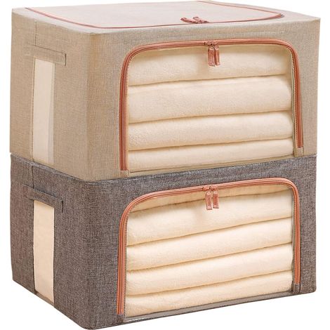 2 Pack Organisateur de rangement de vêtements de grande capacité, bacs de rangement à cadre en acier pliable, parfait pour les couettes, la literie, les jouets, avec fermeture à glissière robuste et f