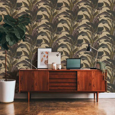 Papier peint feuilles de bananier fond doré Tapisserie jungle Tropicale et exotique Papier peint intissé Idéal x salon (1/6)
