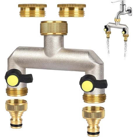 Robinet 2 Voies en Laiton avec 1/2 Pouce Adaptateur,Vanne Distributeur Vannes à Bille Séparées,3/4 (26.5mm) Adaptateur Tuyau Arrosage pour Régler et Arrêter Le Débit d'eau -
