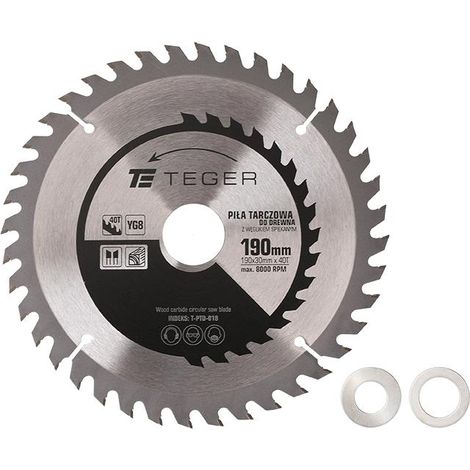 Lame de scie à bois TEGER 190x30 mm 40T à pointe carbure - ATB, 1,4/2,4 mm, avec bagues de réduction (30/20, 30/16) (1/3)