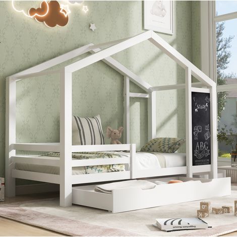 Lit enfant cabane 90x200 cm en bois massif blanc avec tableau, 2 tiroirs, sommier à lattes et barrières (1/5)