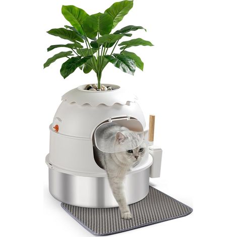Cat Litter Tray, Stainless Steel Plant Litter Tray with Plant Decoration, Enclosure with Clear Door, Includes Scoop and Litter Mat, Odor Control White (1/5)
