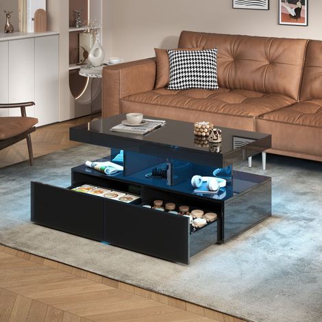 Table basse salon avec Lumières LED, Meuble de Salon avec 2 tiroirs, Rangement Ouvert,104x53x46 cm,Noir brillant,Style Contemporain