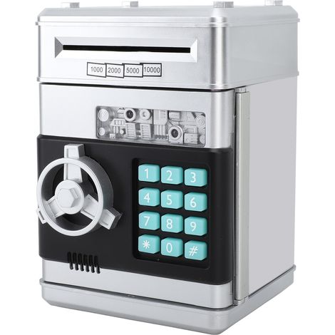 Coffre-fort ATM tirelire musicale mignon avec boîte d'épargne à code, décoration de bureau argentée (1/5)