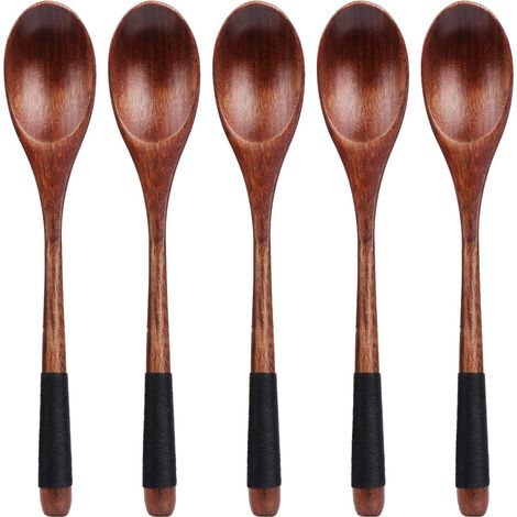 5er-Set Suppenlöffel aus Holz, koreanischer japanischer Reislöffel mit langem Griff, Küchenutensilien zum Mischen und Rühren