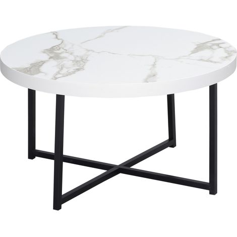 Table basse, en métal, blanc, 80 x 80 x 45 cm, pour salon, table de salon ronde avec un dessus en marbre et cadre métallique
