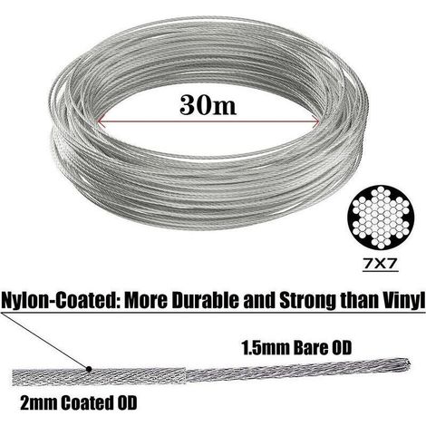 Kit di funi di sospensione in acciaio inox da 30 m, cavo in acciaio inox rivestito da 2 mm con tenditore e ganci, per appendere luci, piante rampicanti, stendibiancheria, tende per pergole e ringhiere (1/3)