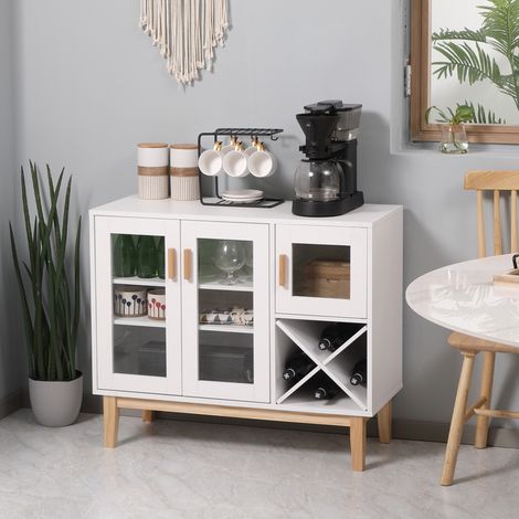 Credenza da cucina HOMCOM con 3 ante in vetro e portabottiglie a forma di X per 4 bottiglie, 90x37x75 cm, bianca. (1/5)